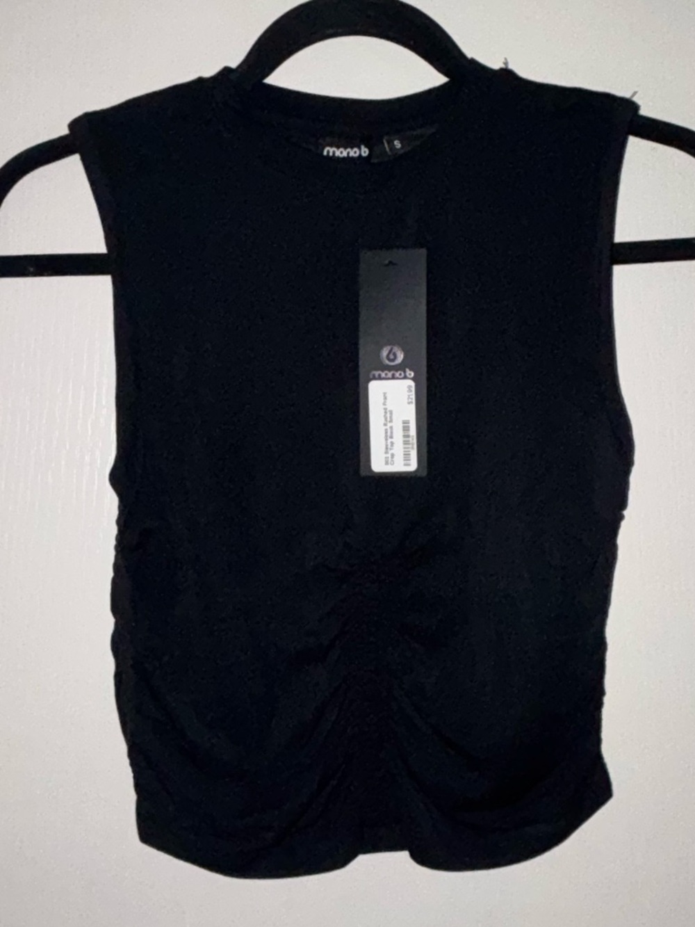 Mono B Black Sleeveless Ruched Crop Tank